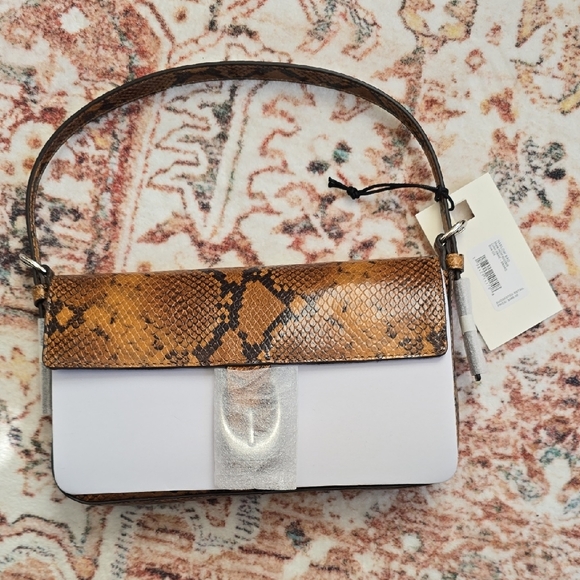 NWT STAUD Harlow Brown Snake Print Shoulder Bag With Silver Accents